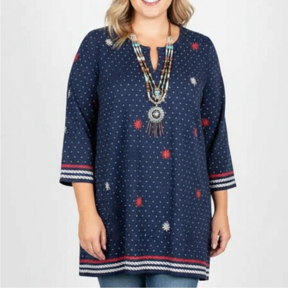 Talbots Women’s Navy Polka Dot Tunic with Floral Accents Pull Over Blouse Sz 3X